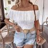 Women Solid Color Off Shoulder Ruffle Lace Slim Fit Short Sleeve T Shirt Top