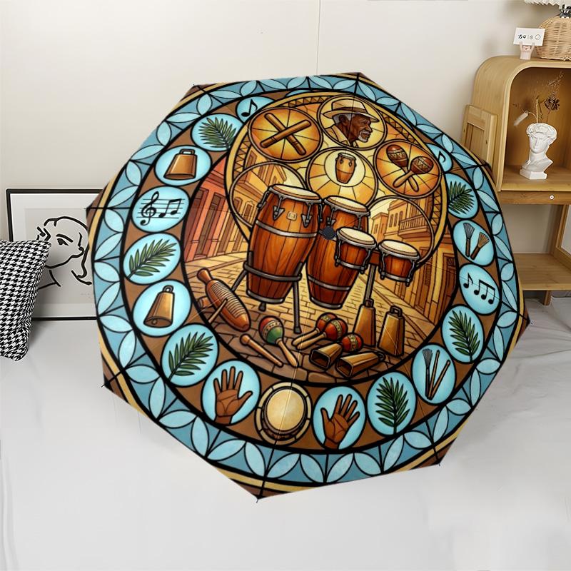 Cuban Music Instruments Pattern Umbrella, Portable and Foldable Design, 8 Ribs, a Casual Accessory for Halloween, Christmas, and Birthday Gifts.
