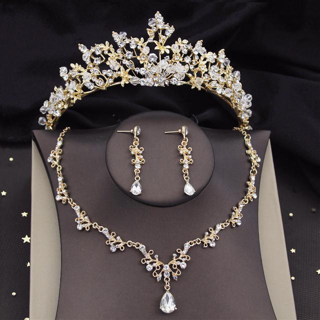 Gold Colors Bridal Jewelry Sets Women Tiara Earring Choker Necklace Set for Wedding Dress Bride Crown Sets Fashion Accessory