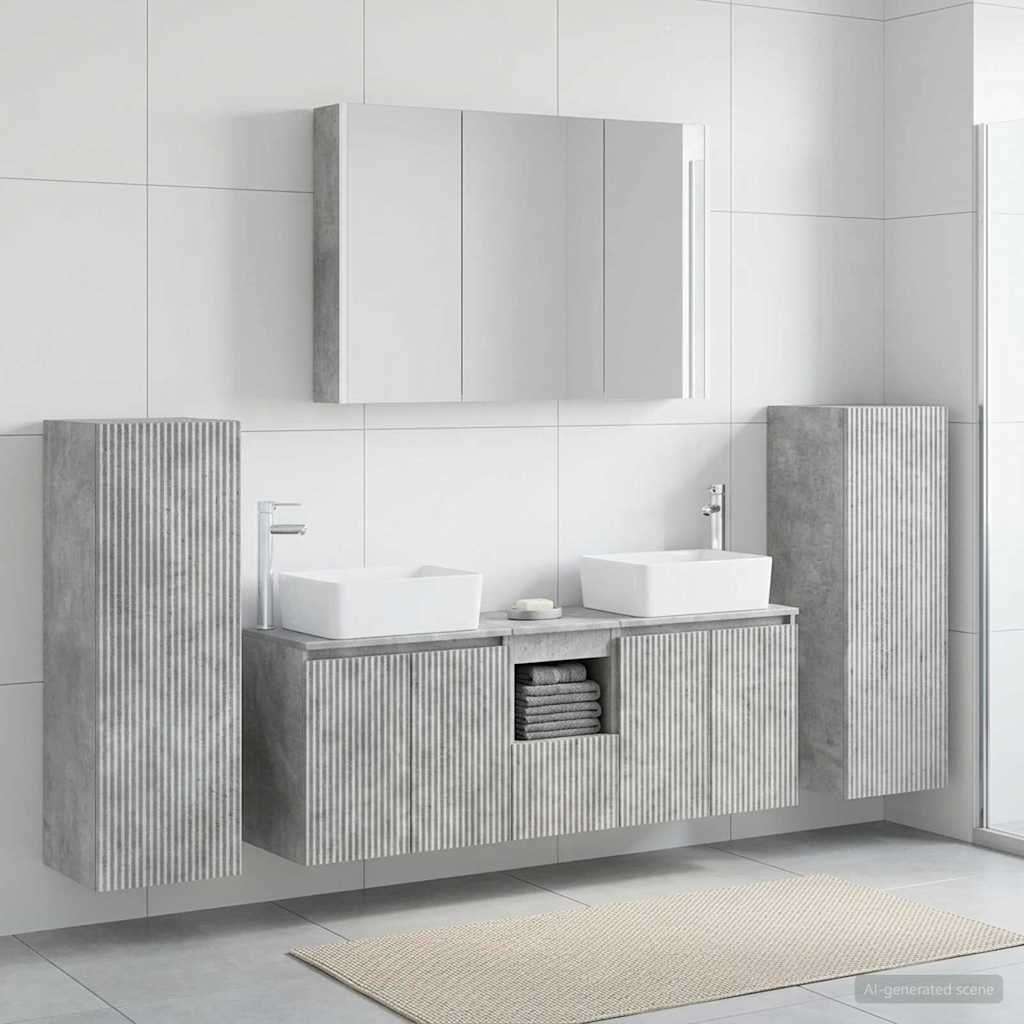 6 Piece Bathroom Furniture Set in Concrete Grey Engineered Wood and Glass