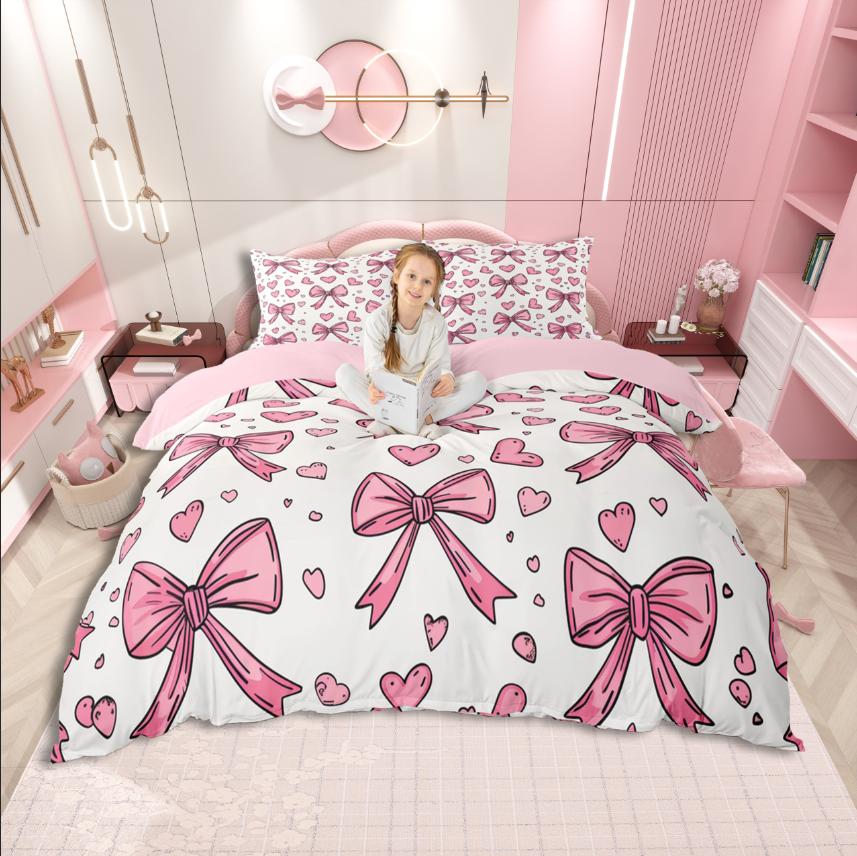 Homewish Cute Bowknot Duvet Cover SetLove Heart Print For Teens Bedding SetDreamy Princess Decor