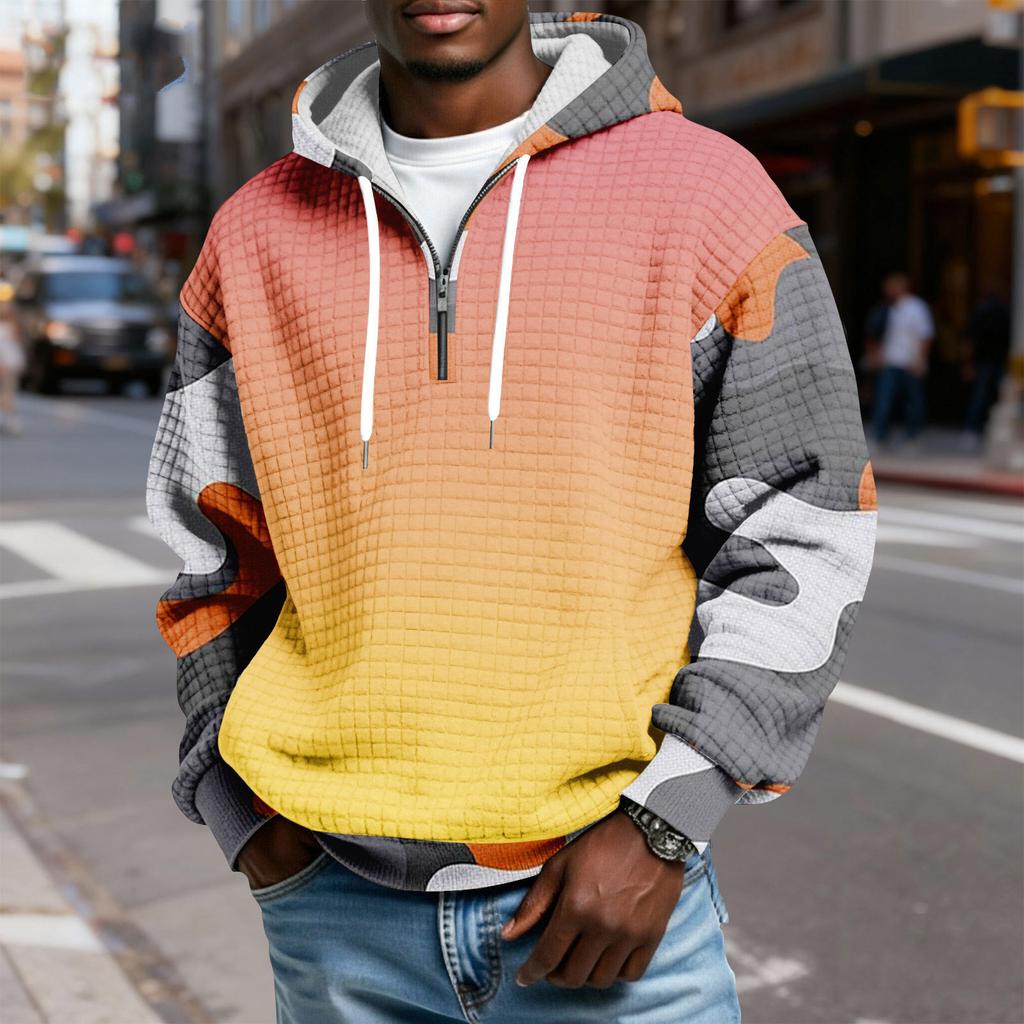 Sudadera Deportiva Casual para Hombre con Capucha y Media Cremallera a Cuadros con Cordón y Estampado