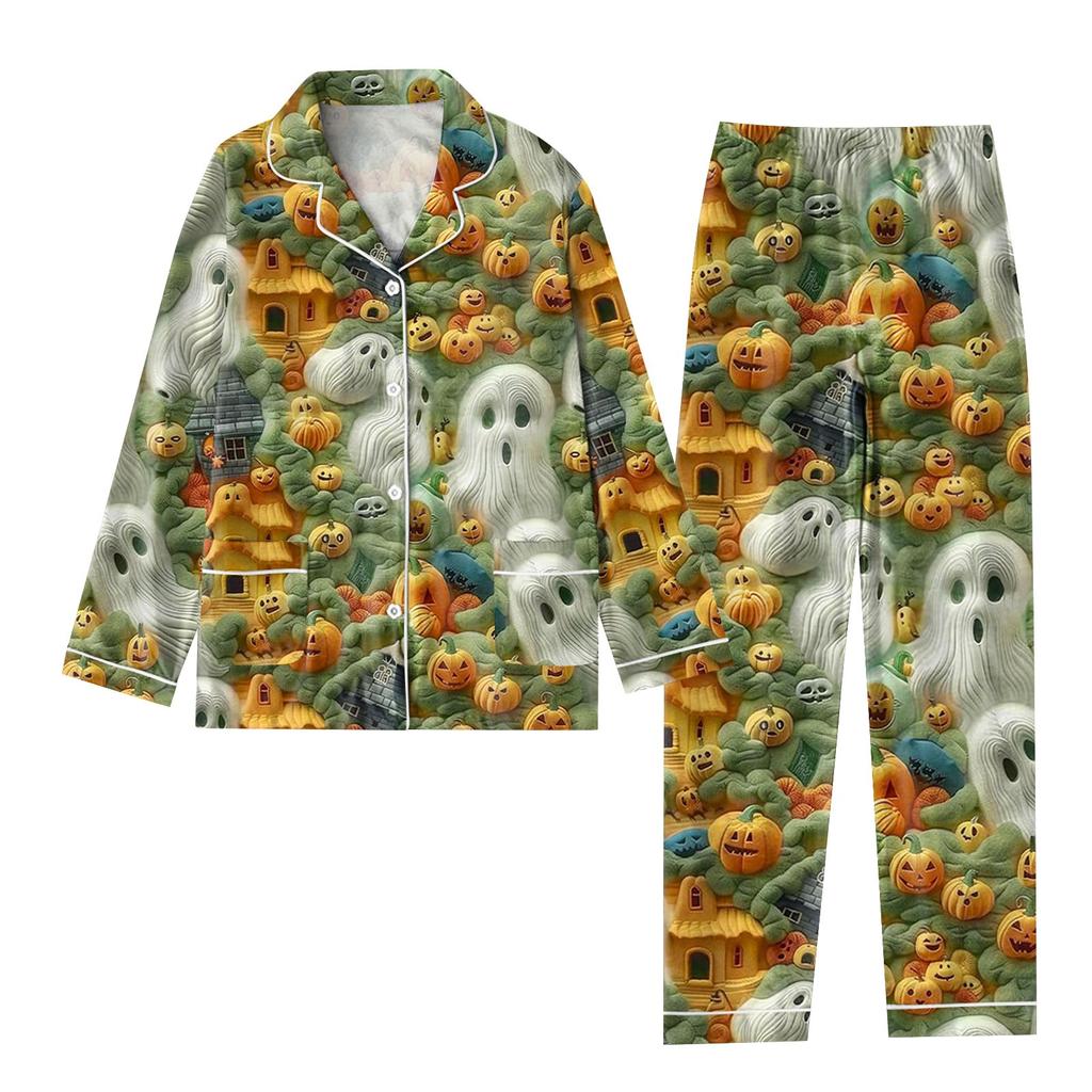 2-teiliger bedruckter Damen-Anzug, langärmelig, Oberteil mit Knopfleiste, weite Hosen, Anzug-Set, Schlafanzug, Home-Casual-Anzug