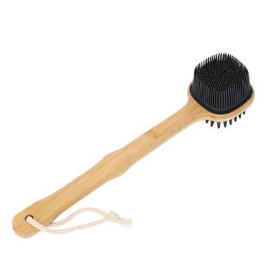 Bath Brush Double Sided Silicone Bristle Shower Brush Bamboo Wood Long Handle Back Scrubber Brush with Lanyard for Deep