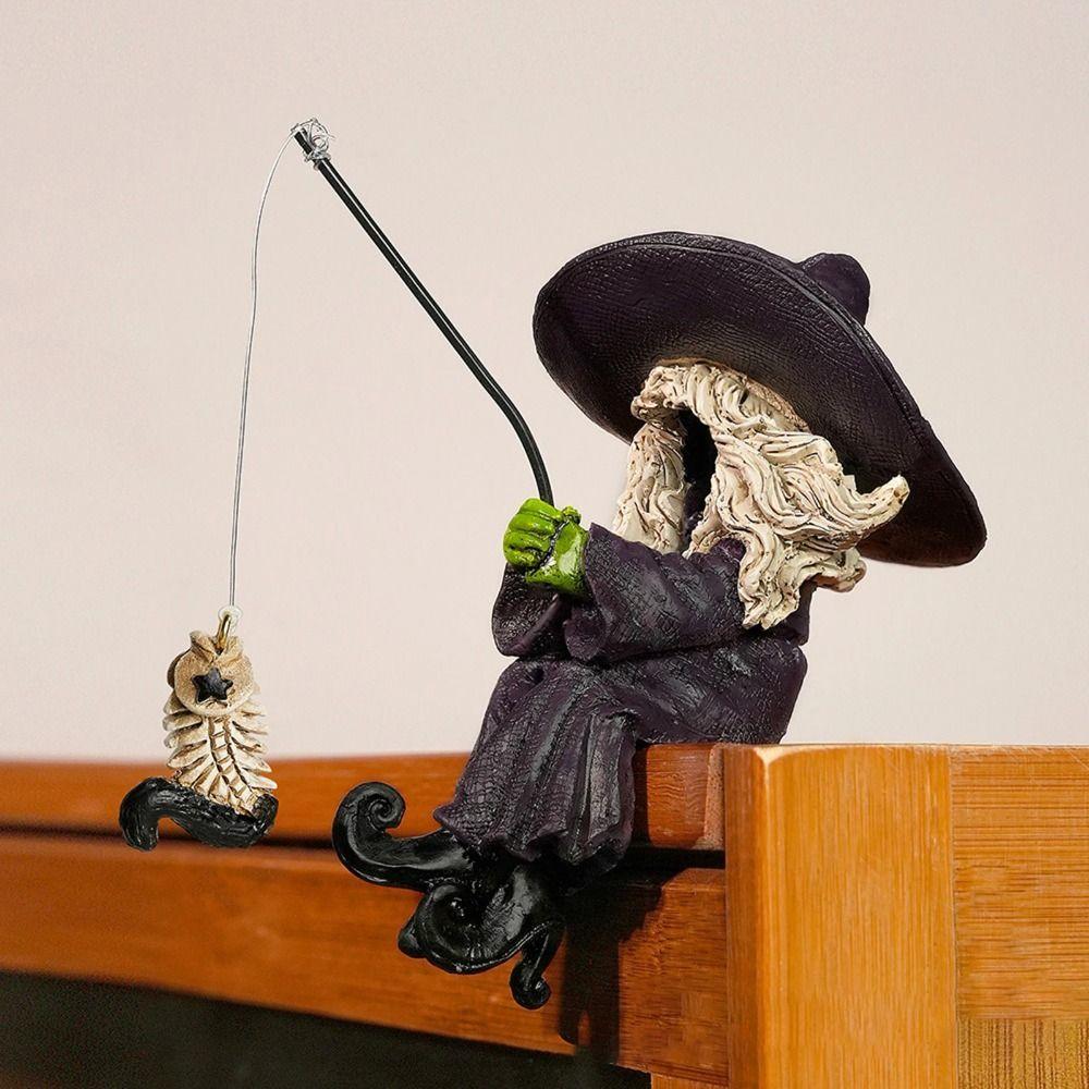 Crafts Witch Figurines Funny Halloween Witch Sculpture Fishing Witch Statue Background Layout