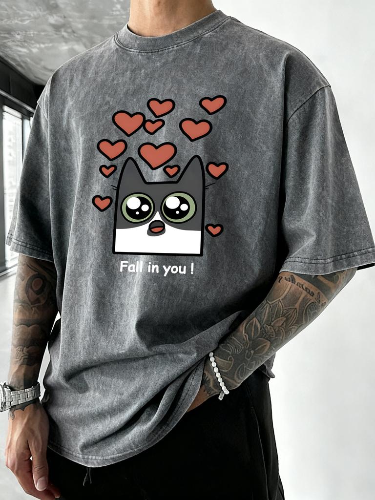 Fall In Love You Cat Pattern Washed TShirts Men Cotton Casual T Shirt Summer Gym Short Sleeve Crewneck Loose Man Clothing