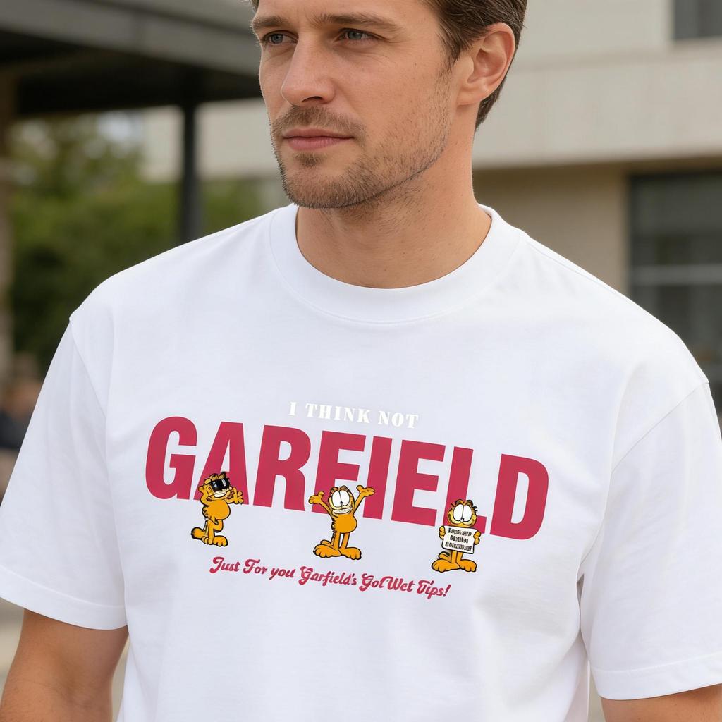 Garfield "I THINK NOT" Funny Expression Print Short Sleeve T-Shirt, American Streetwear Brand Heavyweight Cotton Loose Fit Oversized Couple Top