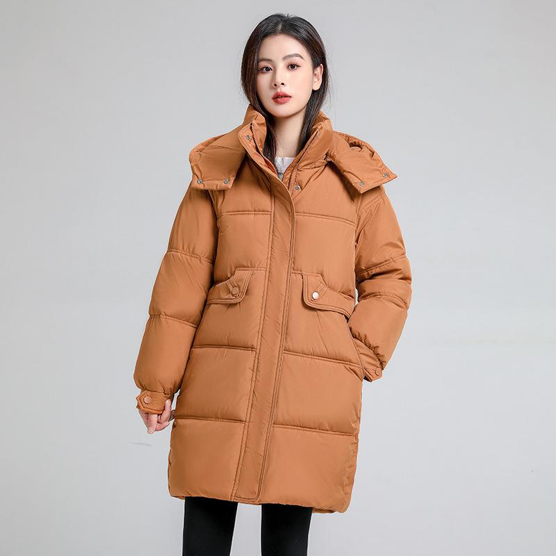 Damen Winter Lange Warme Jacke Flauschige Kapuze Lange Einfarbige Jacke Lässige Schneejacke