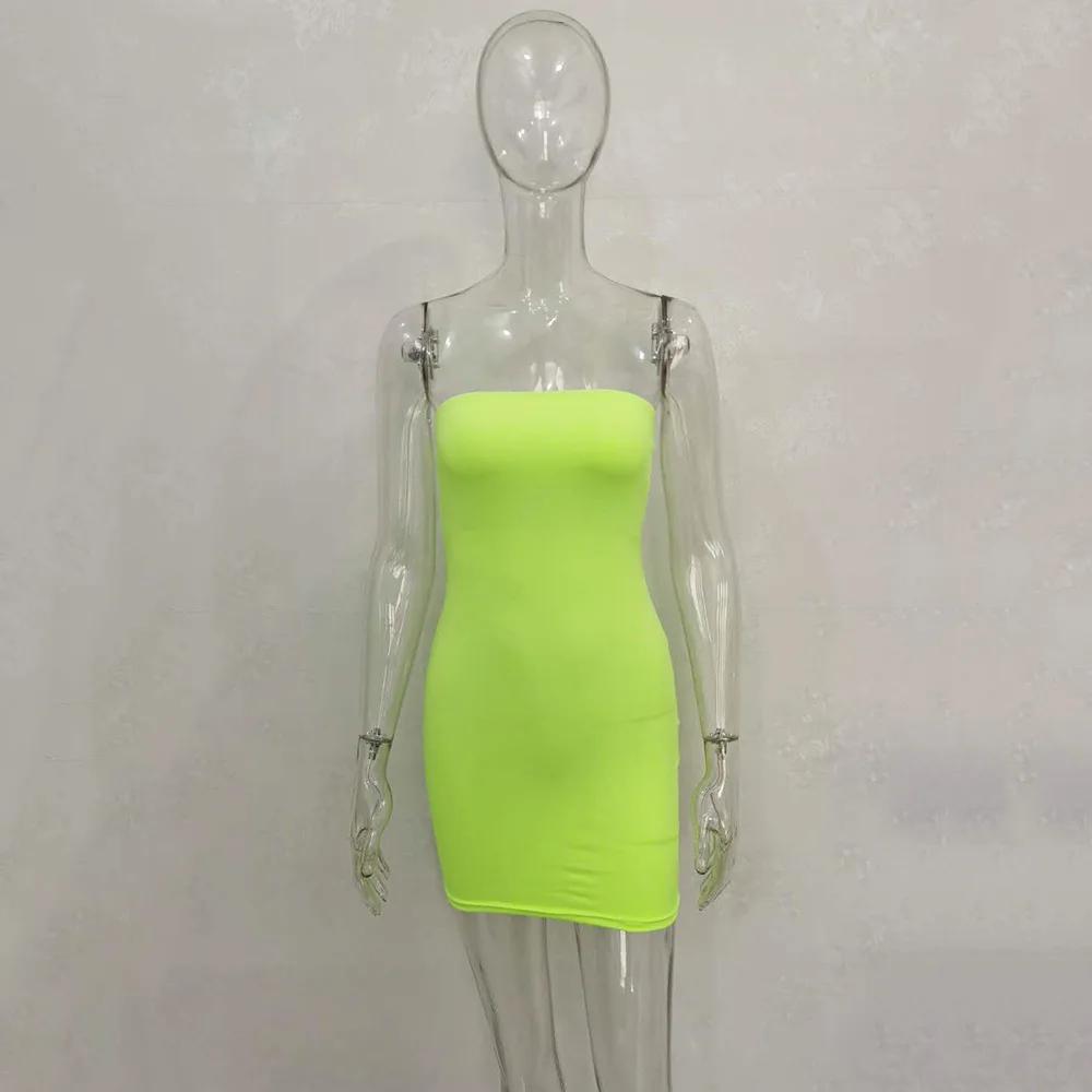 

Сексуальное платье-бодикон без бретелек с открытыми плечами однотонное женское платье мини с открытой спиной и облегающим силуэтом для клубной вечеринки Vestidos L флуоресцентный зеленый