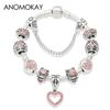 New Valentine's Romantic Pink Heart Charm Bracelet & Bangle Fine Crystal Diy Bead Bracelet Jewelry for Women Girl Gift