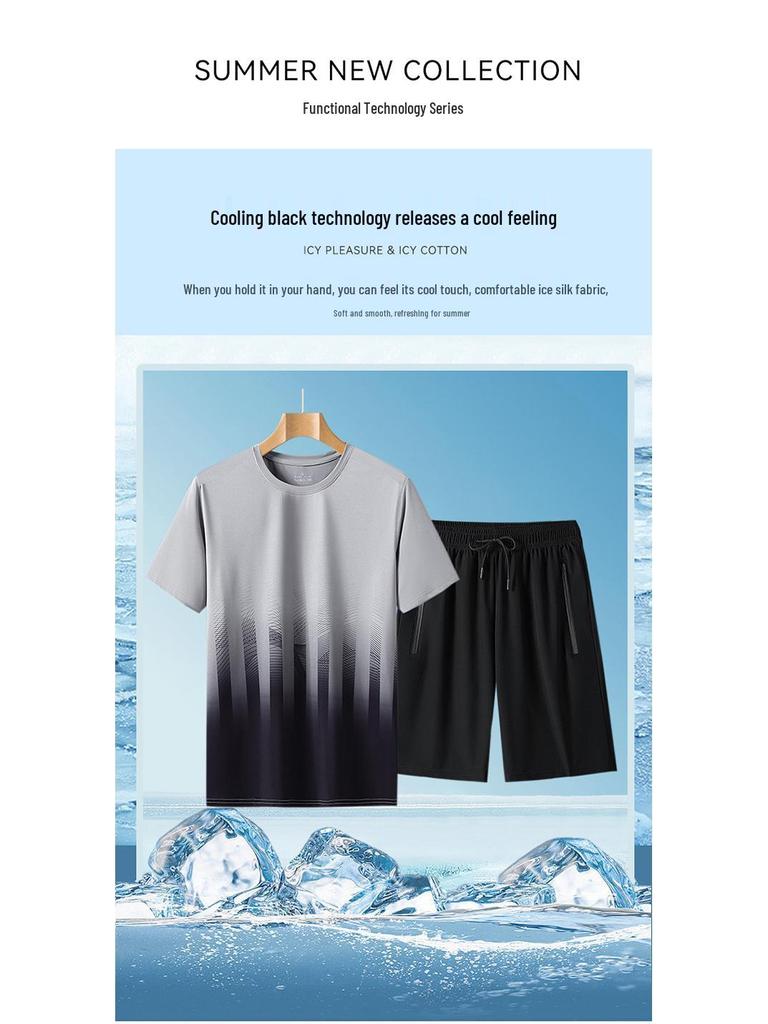 Summer Sports Tie-Dye Gradient T-Shirt Set for Men and Women: Casual Round Neck, Short Sleeve.