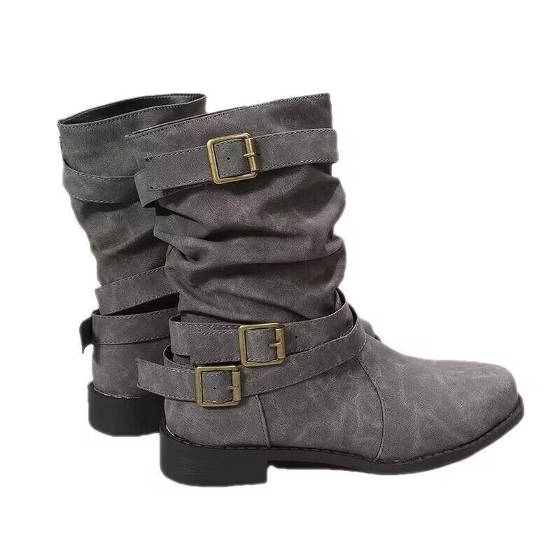 Women's boots autumn and winter new retro buckle pleated low heel medium boots women's large size Martin boots women