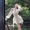 White Long-sleeved Dress Fairy Summer Waist Chiffon Short Skirt Ruffle Leaf Edge Cake A-word Skirt Retro Style