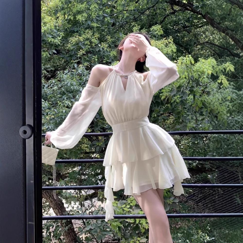 White Long-sleeved Dress Fairy Summer Waist Chiffon Short Skirt Ruffle Leaf Edge Cake A-word Skirt Retro Style