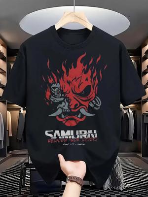 Herren Damen Samurai Grafik T-Shirt Schwarz Lässig Sommer Tops mit Auffälligen Samurai-Drucken und Rotem Flammen-Design Baumwolle Rundhals