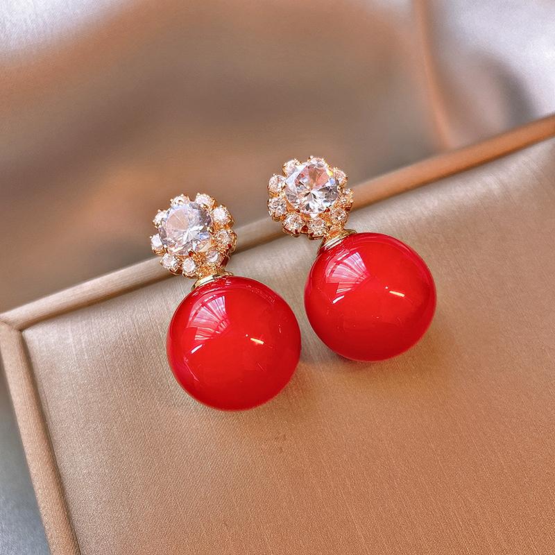 Flower Zircon Round Red Pearl Earrings for Women Light Luxury Temperament Red Stud Earrings Sweet Simple Zircon for Women