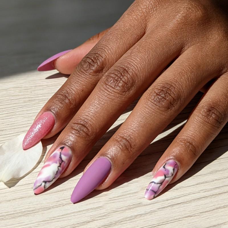Purple Stiletto False Nails With Glitter Marble Design Removable Press-on Nail Tips Women Gel Nail Tips