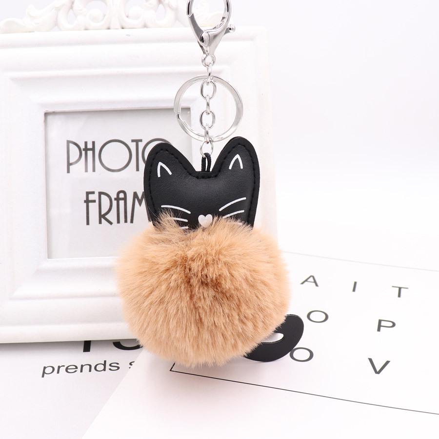 Adorable Black Kitten Keychain with Faux Fur Ball Charm - Cat Plush Toy Accessory