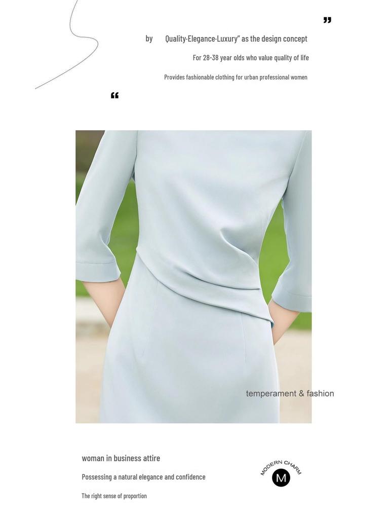 Spring/Summer Light Blue Professional Round Neck Seven-Sleeve Formal Dress for Women