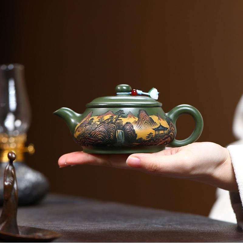 

400ml Authentic Yixing Purple Clay Teapots Handmade Han Jiang Pot Raw Ore Green Mud Kettle With Strainer Chinese Zisha Tea Set