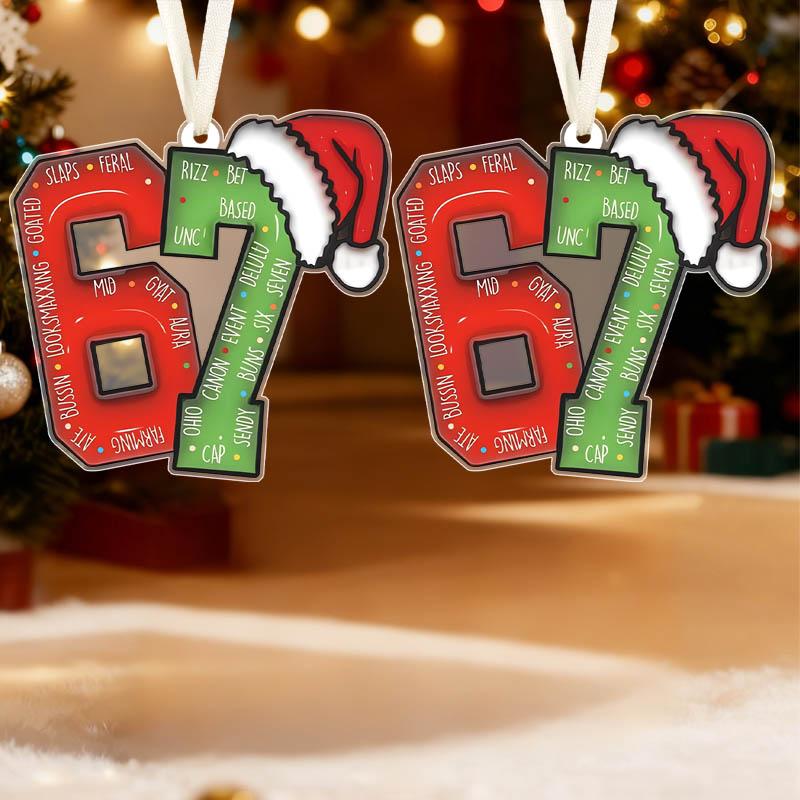 Trendy Number 67 Ornament,Red Green Classic Color Hanging Decoration,Funny Hanging Decor for Xmas Tree– Perfect Gift for Gen Z, Friends, Besties, Bro