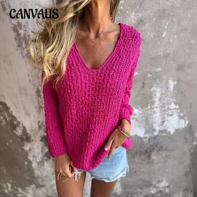Autumn and Winter Women's Crewel Knit V-Neck Slouchy Long Sleeve Sweater