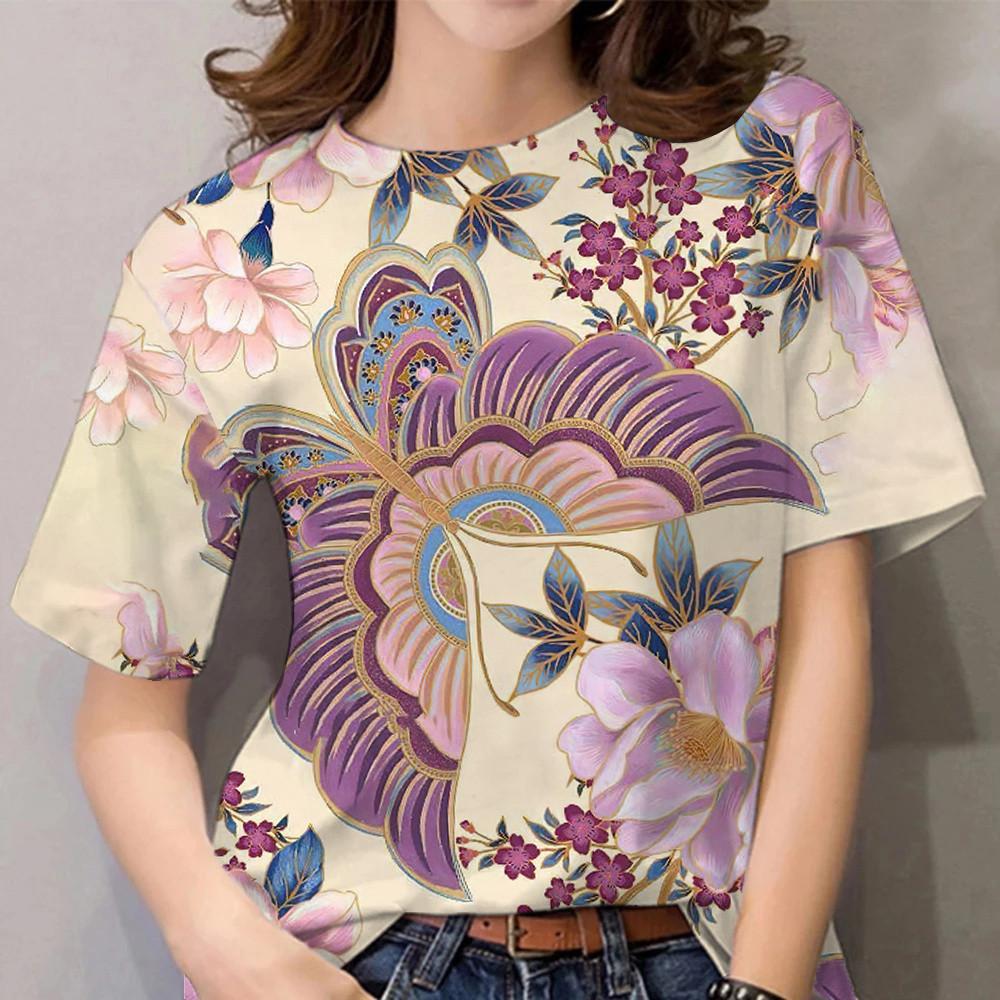 Retro butterfly flower 3d printing T-shirt women's street wear summer fashion short-sleeved O-neck top