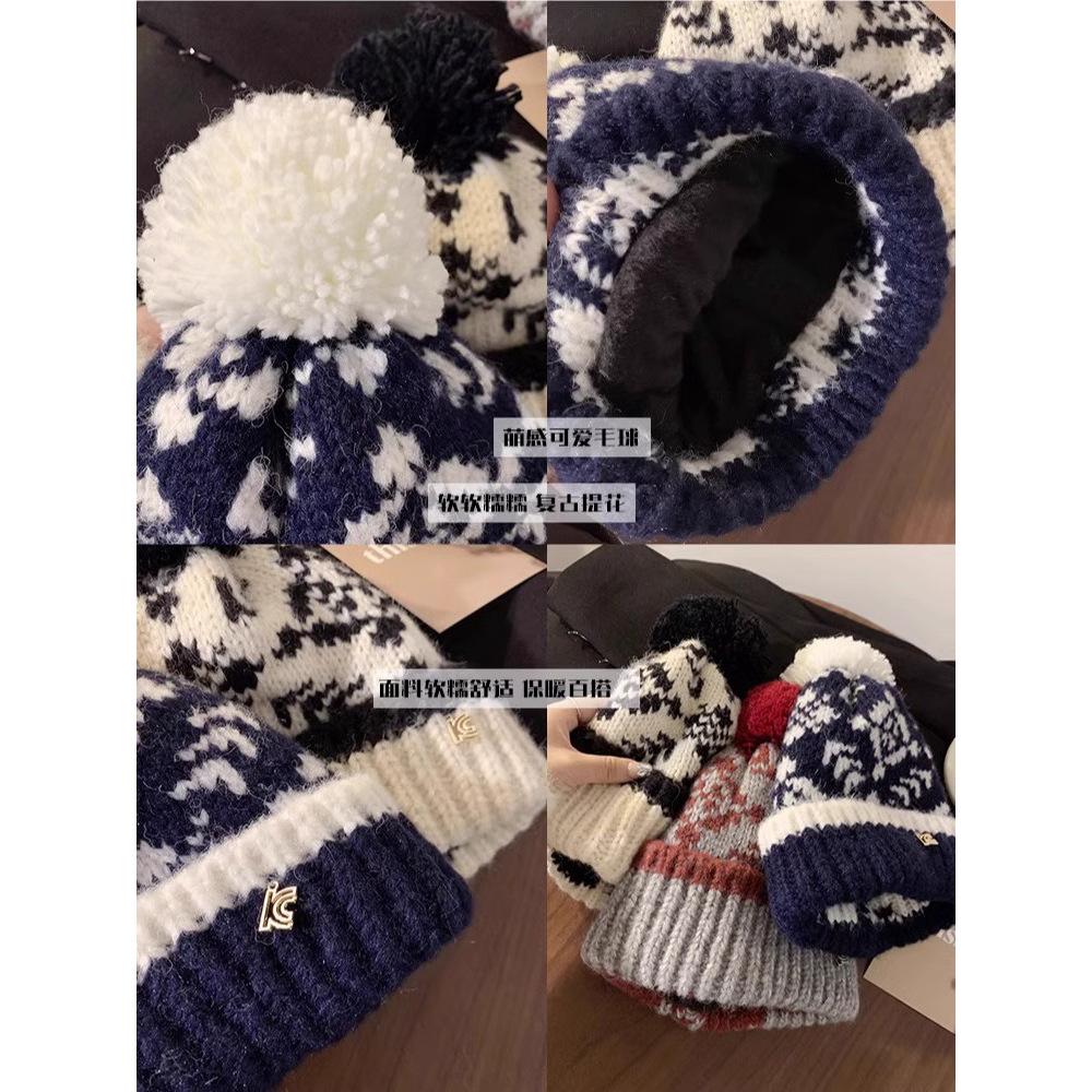 Fair Island retro hairball wool hat women's autumn and winter plush warm hat ear protector cold hat knitted hat headgear