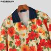 INCERUN Summer Men Lapel Neck Short Sleeve Floral Print Stitching Casual Oversized Hawaiian Shirts