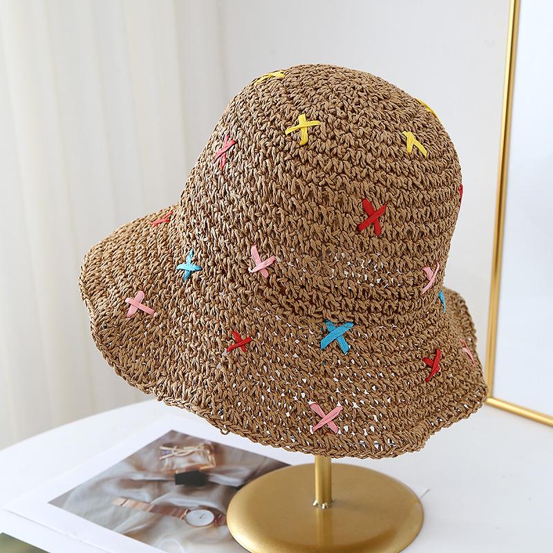 Sweet Color Woven Straw Hat Women's Summer Seaside Beach Hollow Crochet Sunscreen Hat Vacation Big Brim Sun Hat