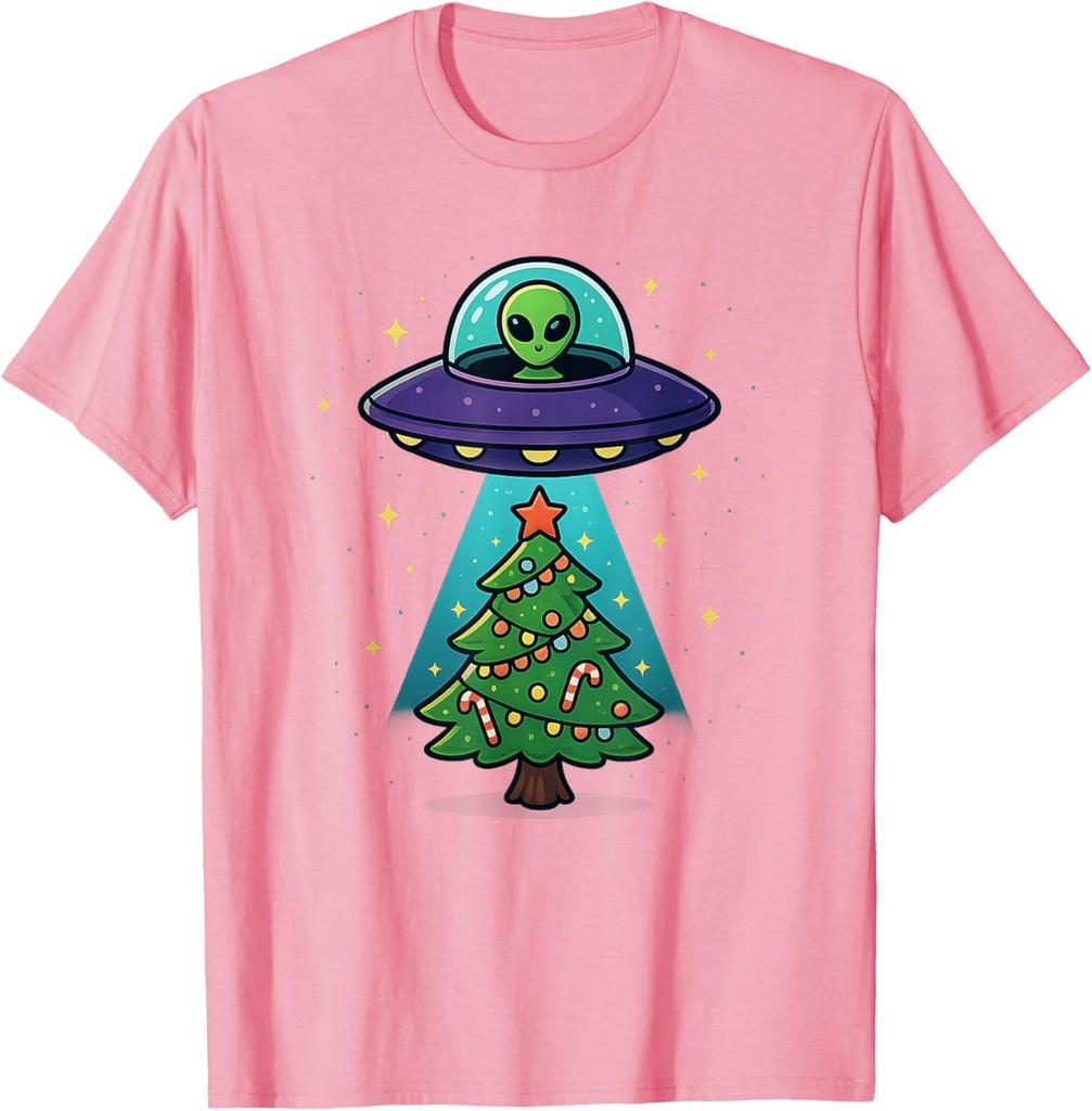 Alien UFO Abduction Christmas Tree Graphic Tee Funny Holiday Casual Cotton T-Shirt