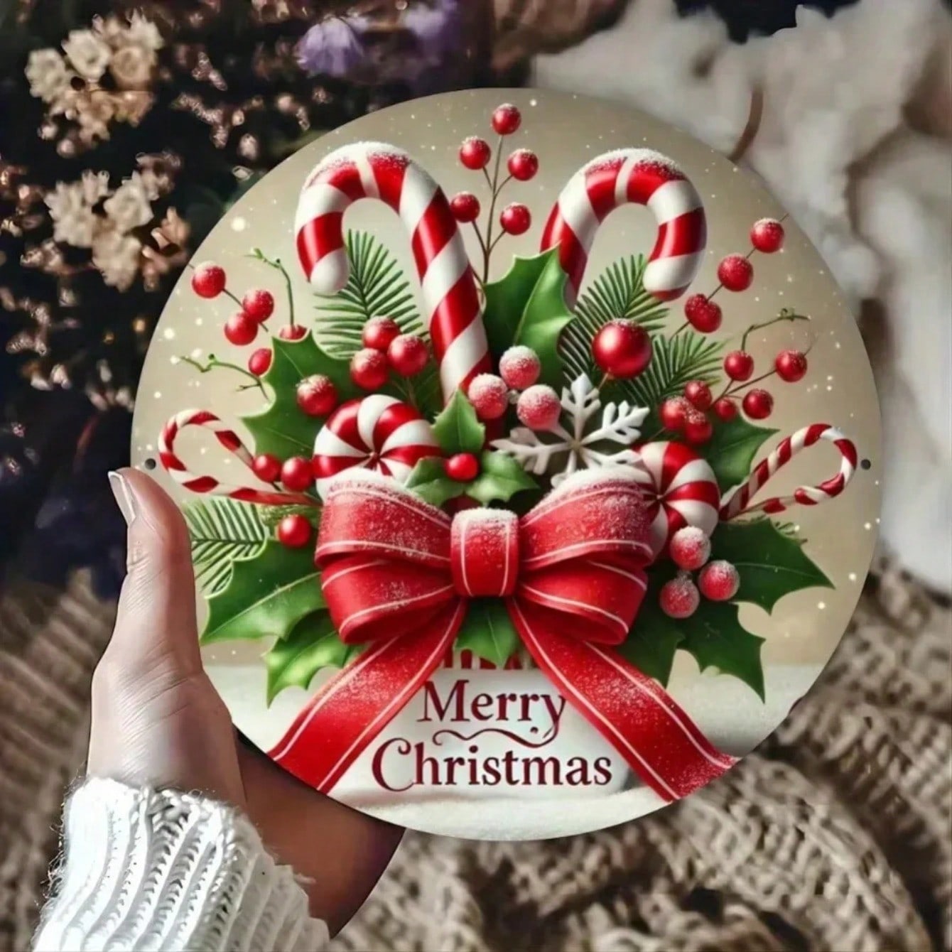 

Vintage Christmas Tin Sign Round Candy Cane Wall Art Metal Decor різнокольоровий