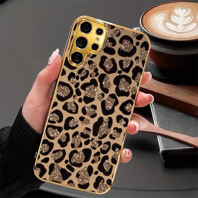 Sparkling Golden Glitter Leopard Print Textured Glass Phone Case for Galaxy s26 /S25/S24 Ultra/S23/S22/S21/S20 FE/S20 Ultra