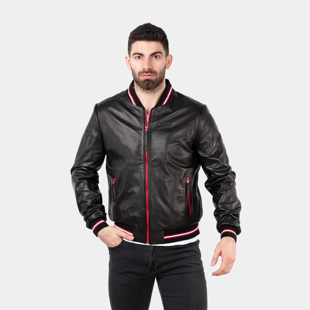 

Мужская куртка из натуральной овечьей кожи, застежка-молния, красные полоски, повседневная, байкерская верхняя одежда S красный/чёрный