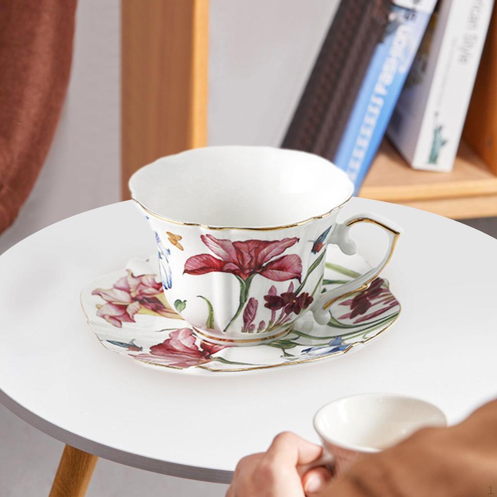 British Teacup Ceramic Coffee Cup and Saucer Set Easy to Clean 200ml Capacity Cappuccino Mug