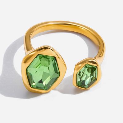 Youthway Fashionable Green Zirconium Geometric Asymmetrical Open Ring Stainless Steel  Gold Color-Plated Women'S Ring Gift