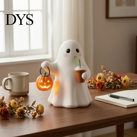 Collectible Ghost Toy Cute Halloween Figurine with Light Up Pumpkin, Resin Night Home Living Room Accents Tabletop Decor, Funny Desktop Ornament