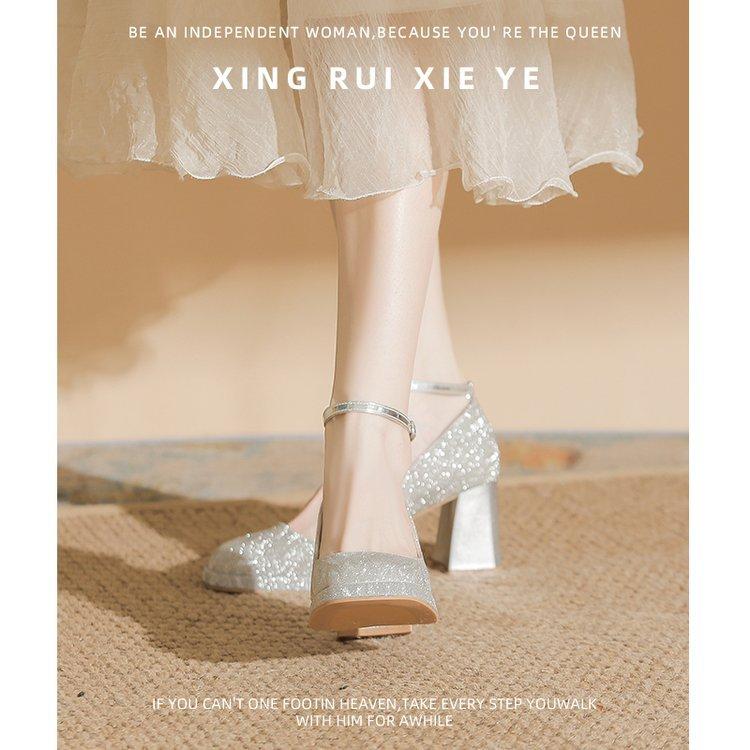 A straight buckle platform fine flash spring new high heels Mary Jane premium sense square toe block heels women