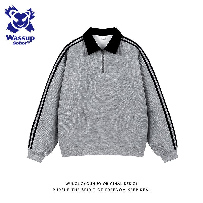 Wassup Sohot Men s American Retro Half-Zip Striped Sweatshirt 3XL
