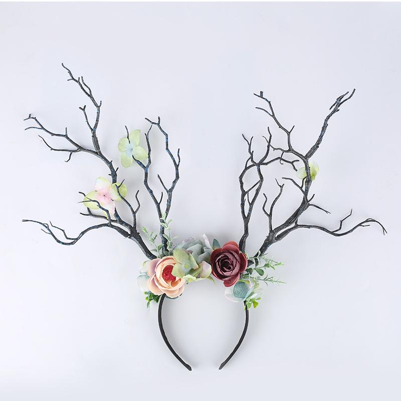 Diadema Exagerada Estilo Mori con Flores y Astas para Niños, para Fotos y Actuaciones