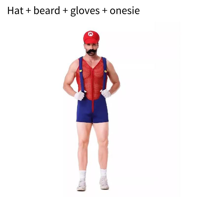 Conjunto de Disfraz de Mario Único Con Sombrero, Guantes, Bigote y Tirantes Para Adultos