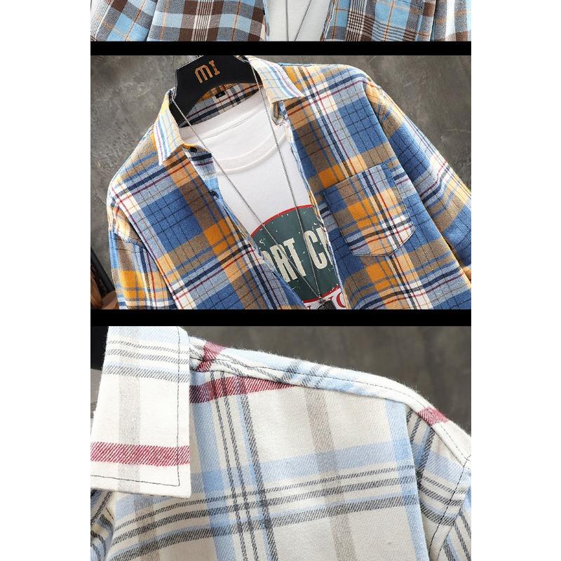 Men Casual Loose Plaid Turn Down Collar Long Sleeve Fashion Shirt