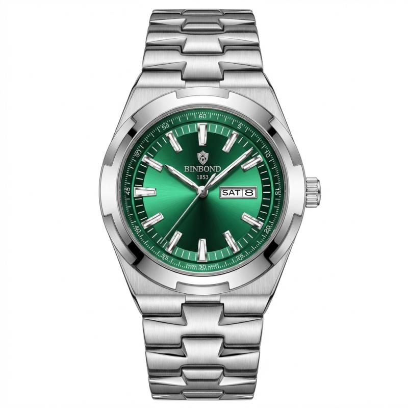 1pcs Fashion Simple Men's Watch Silver Metal Strap Green Dial Day Date Display Business Casual Versatile