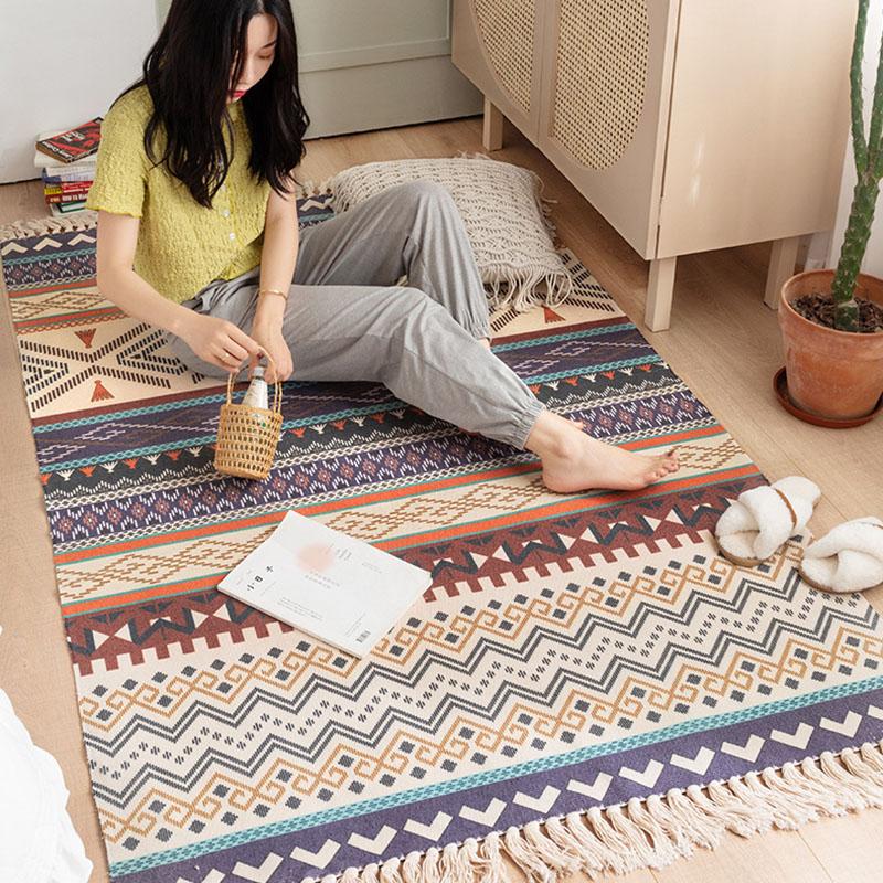 Cotton Linen Boho Rugs for Living Room Muslim Retro Ethnic Anti Slip Bedroom Area Rugs and Carpets Print Tatami Prayer Floor Mat