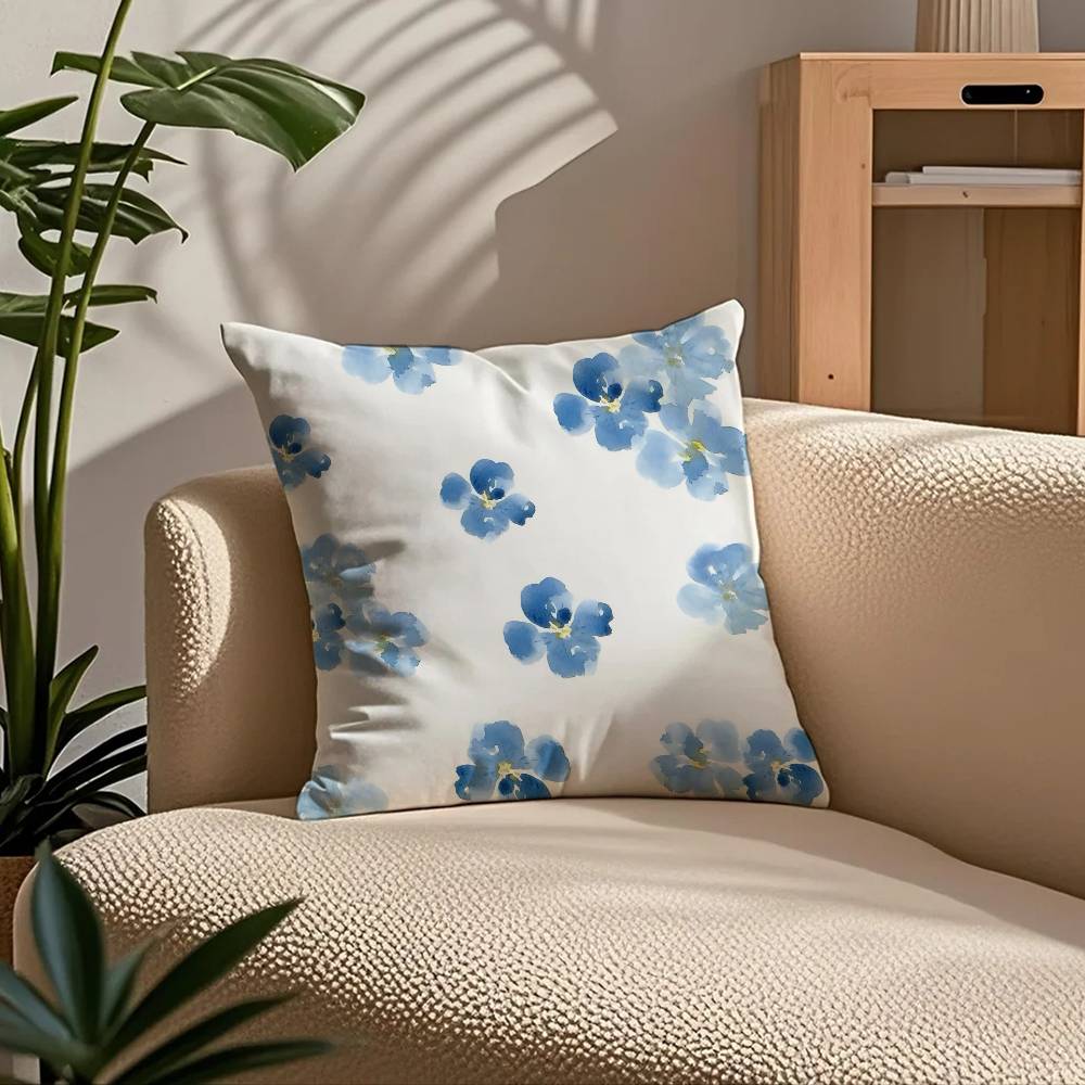 E-Elegant Blue Floral Anime Pillow Case Comfort Sofa Bed Silky Elegant Invisible Zipper Custom Decorative Cushion Cover