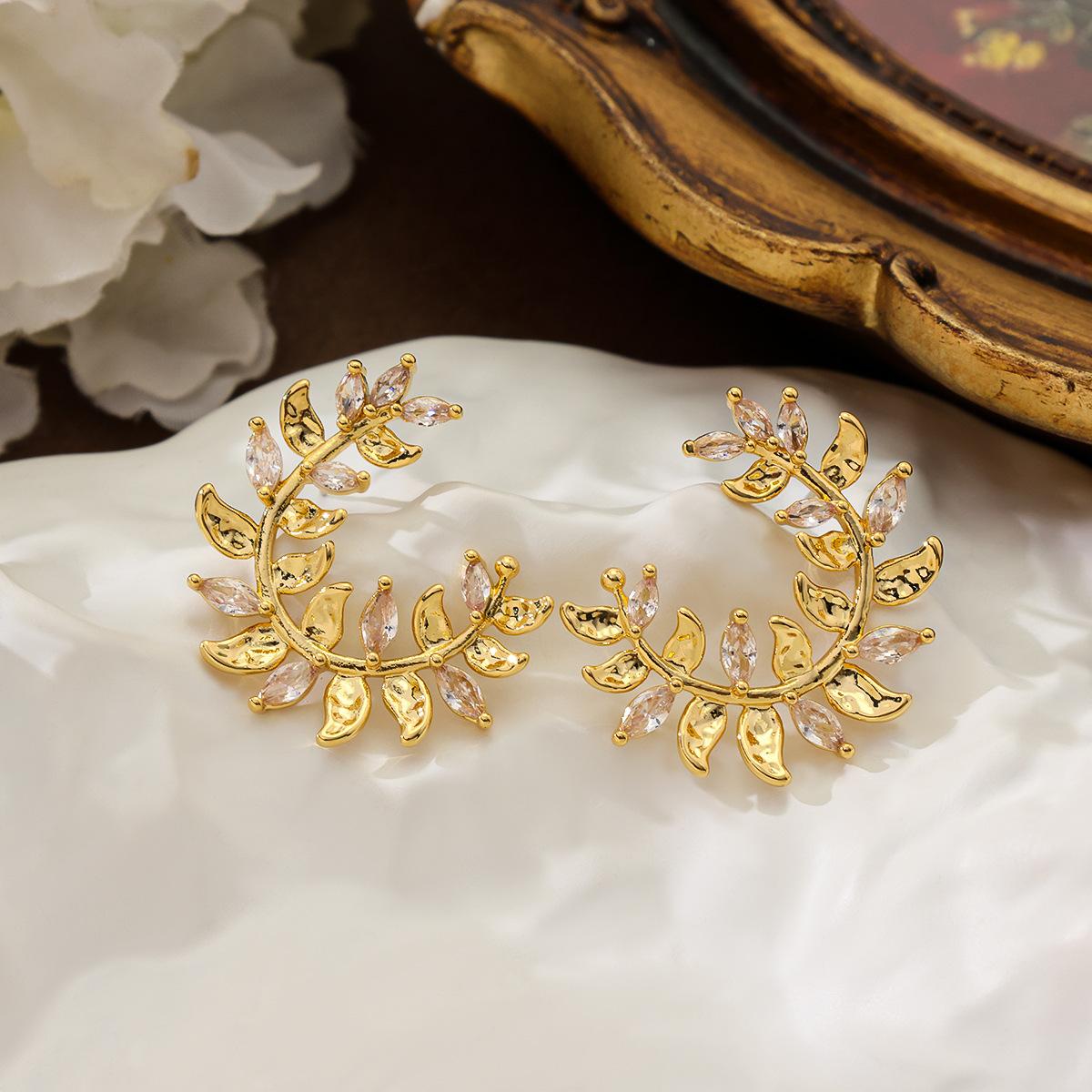 Popular Olive Branch Inlaid Zircon 925 Silver Needle Light Luxury Earrings