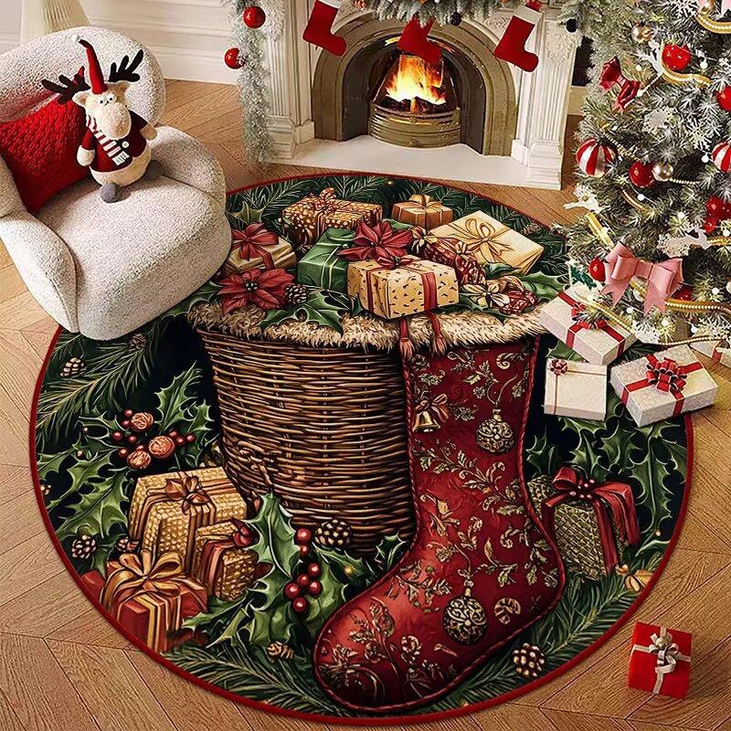 Christmas Circular Carpet Home Living Room Wear-resistant Floor Mat Bedroom Bedside Carpet Easy To Maintain Floor Mat Home Decor