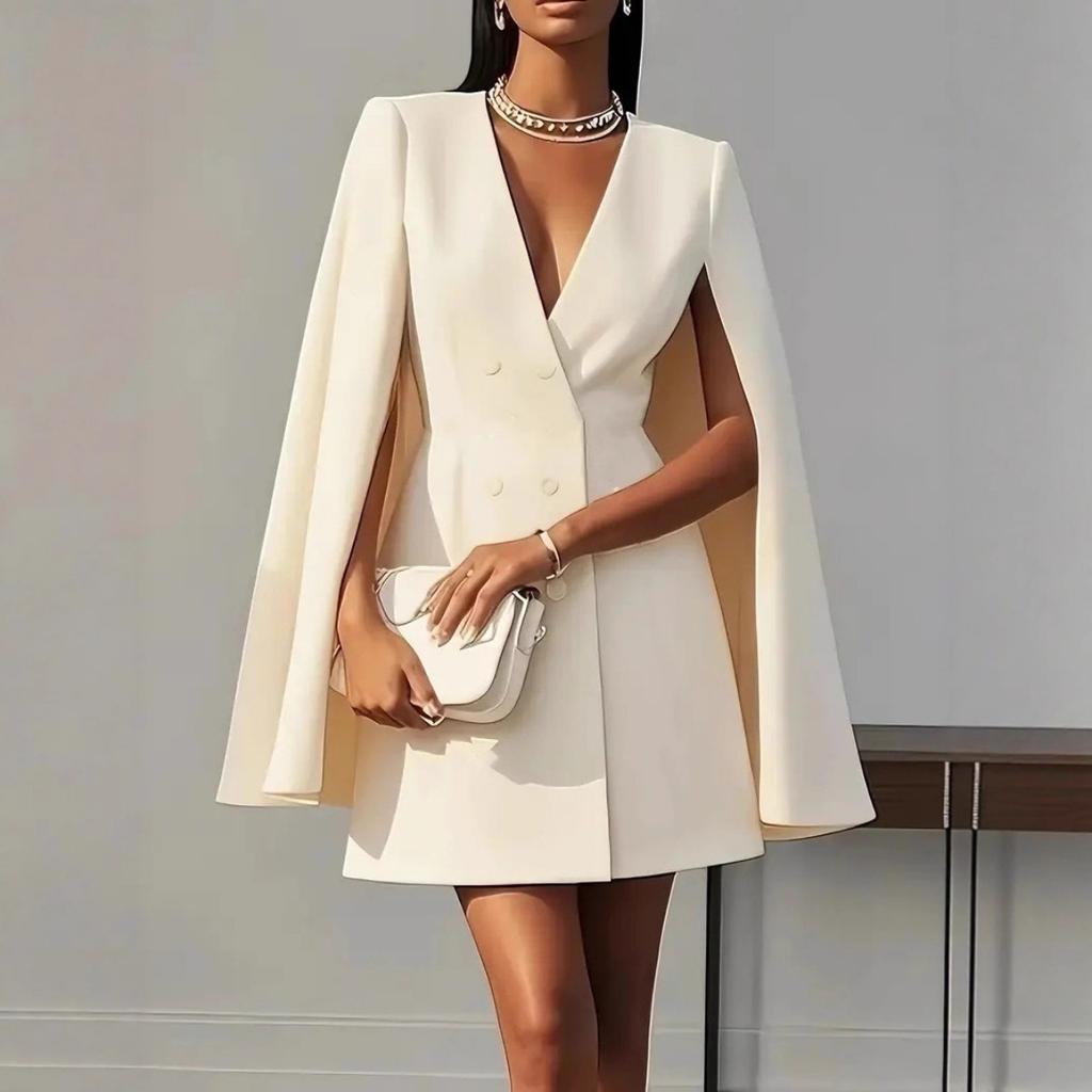Einfarbiges doppelreihiges Schalkragen-Umhang-Blazer-Kleid für Damen, Herbst-Freizeit-Pendlerkleid, Europäischer Amerikanischer Stil