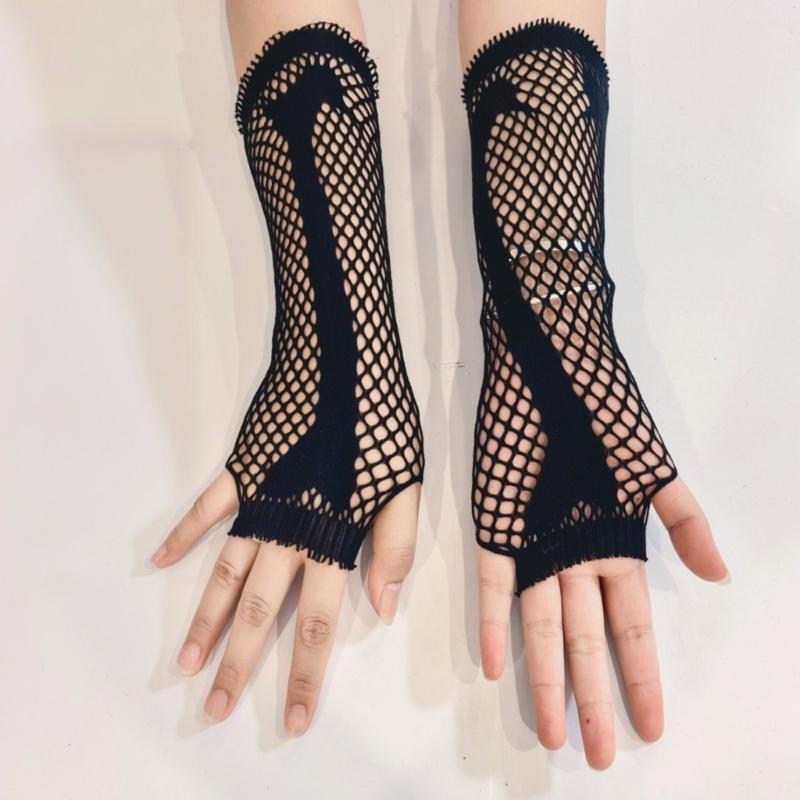Breathable Long Mesh Gloves Women's Fingerless Fishnet Arm Sleeves Girls Hollow Gloves for Costume Dance Cosplay Party