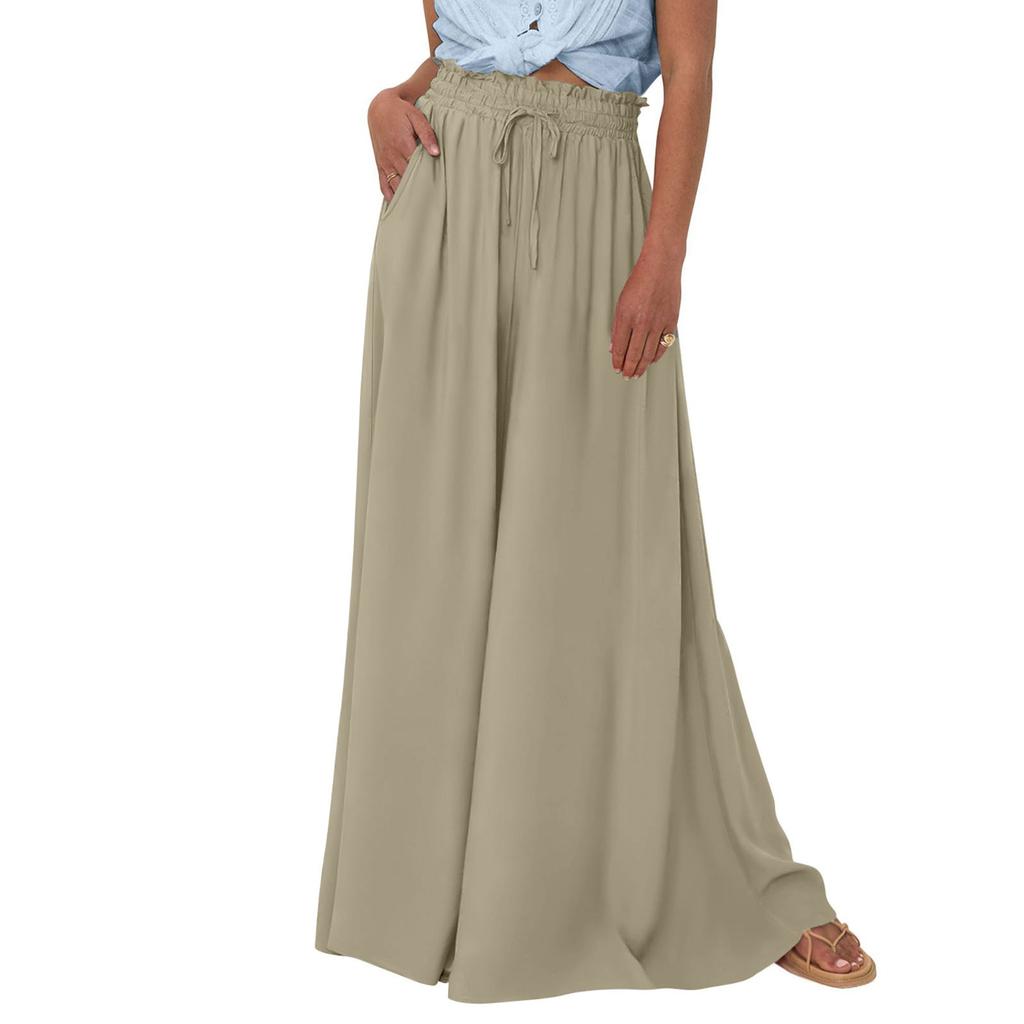 Women High Waisted Wide Leg Pants Summer Casual Flowy Palazzo Pants Beach Trousers With Pocket
